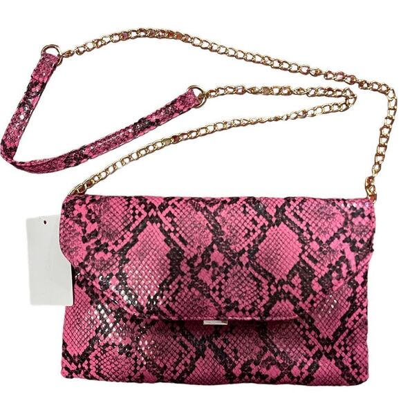 Brand New Faux Pink Snake Skin Crossbody/ Clutch with Gold Chain - Picture 3 of 9